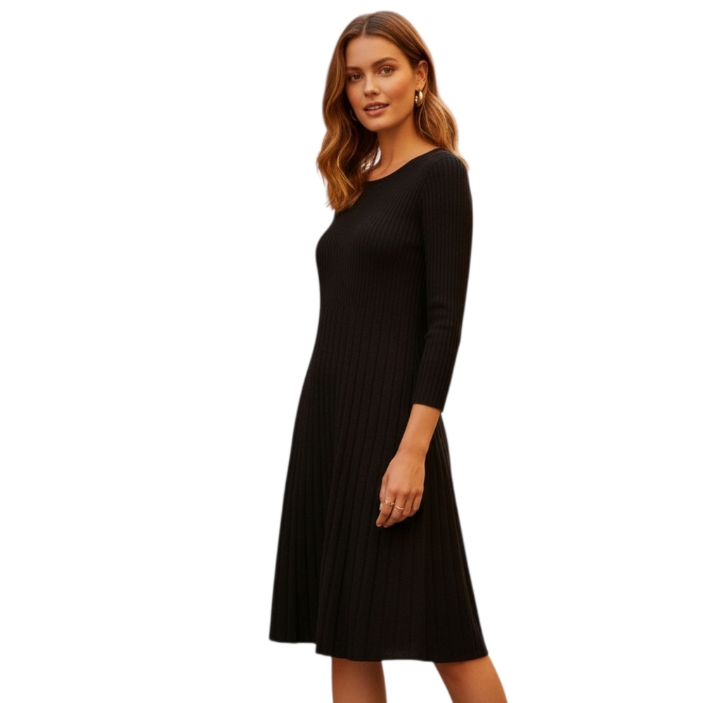 Eileen Fisher 100% Wool Dress Size Medium Petite Black‎ Ribbed Pleated